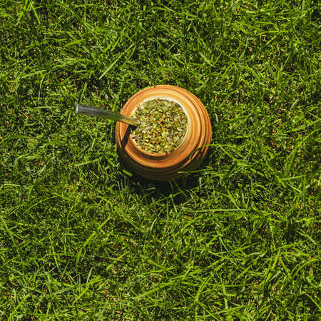 Yerba Mate tea on the grass. On a sunny day. Natural healthy drink. Green, fresh and refreshing. To...