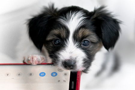 Papillon puppy sitting on a white backgroundの写真素材