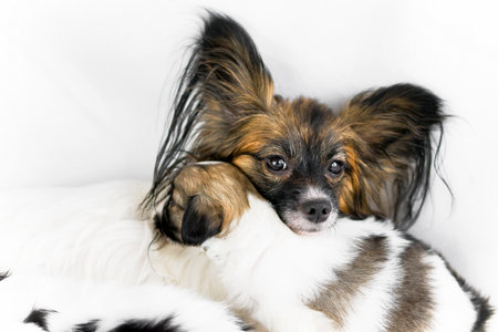 Papillon puppy sitting on a white backgroundの写真素材