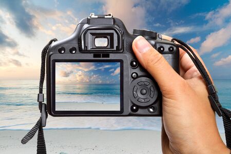 Shooting sunrise at Caribbean Sea on DSLR cameraの写真素材