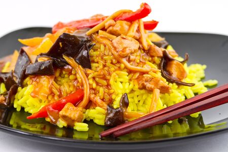 Chinese sweet and sour chicken with riceの写真素材