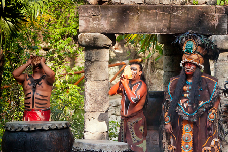 Pre-Hispanic Mayan performance called 'Dance of the Owl' in the jungle at ancient Mayan Villageのeditorial素材