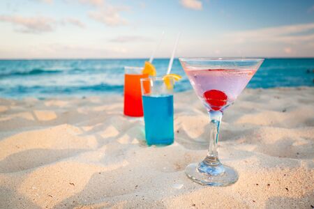 Tropical drinks on Caribbean beach of Mexicoの写真素材