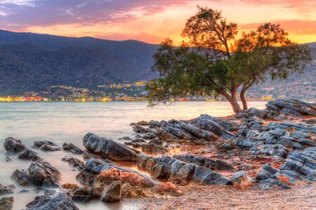 Amazing sunset at Mirabello Bay on Crete, Greeceの写真素材