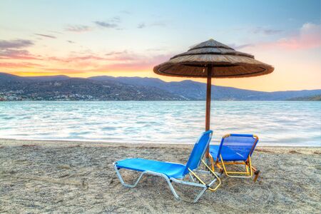 Sunset on the beach of Mirabello Bay, Greeceの写真素材