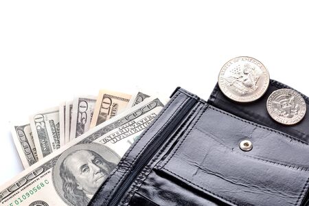 Black leather wallet with money over white backgroundの写真素材