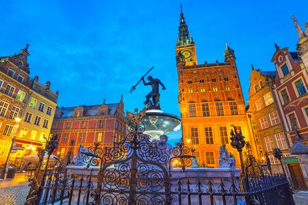 Fountain of the Neptune in old town of Gdansk, Polandの写真素材