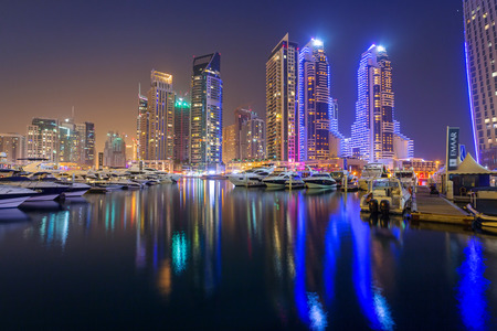 Skyscrapers of Dubai Marina at nightのeditorial素材