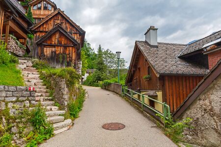 Architecture of Hallstatt village in Alps, Austriaのeditorial素材