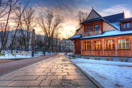 Sunset in the park of Zakopane at winter time, Polandのeditorial素材