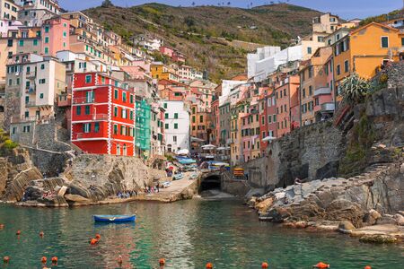 Riomaggiore town on the coast of Ligurian Sea, Italyのeditorial素材