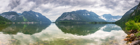 Panorama of Hallstatter lake in Alps mountains, Austriaの写真素材