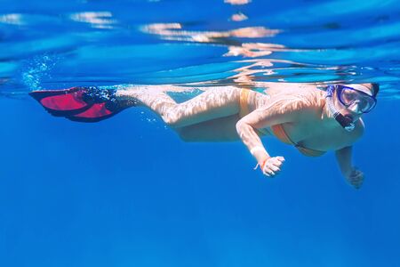 Woman snorkeling in the tropical waterの写真素材