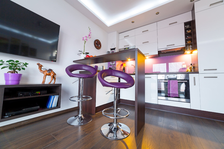 Modern living room interior with kitchenの写真素材