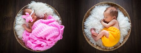 Newborn baby boy and girl twins sleeping inside the wicker basketsの写真素材
