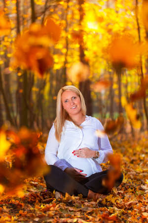Beautiful pregnant woman at the park in autumnの写真素材