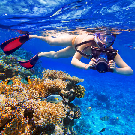 Woman snorkeling in the tropical water with an underwater cameraの写真素材