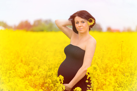 Beautiful pregnant woman in the rapeseed fieldの写真素材