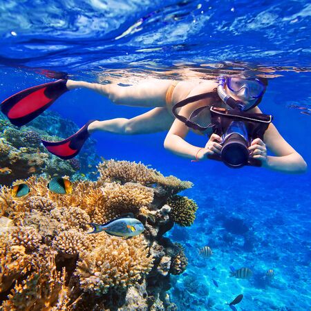 Woman snorkeling in the tropical water with an underwater cameraの写真素材