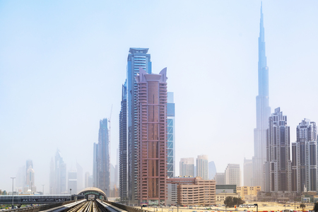DUBAI, UAE - MARCH 31: Metro line in Dubai on March 31, 2014, UAE. The Dubai Metro is a driverless, fully automated metro rail network in the city of Dubai and carry over 180,000 passengers every day.のeditorial素材