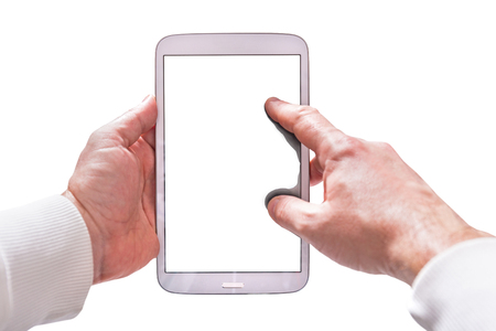 Blank touchpad in hands isolated on whiteの写真素材