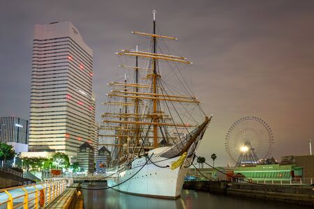 YOKOHAMA, JAPAN - NOVEMBER 6, 2016 : Nippon Maru sailing ship in Yokohama at night, Japan. Nippon Maru was built in 1930 as a training ship for the cadets of Japanese merchant marine.のeditorial素材