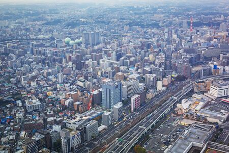 Aerial view of Yokohama city at dusk, Japanの写真素材