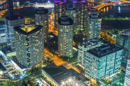 Aerial view of Yokohama city at night, Japanの写真素材