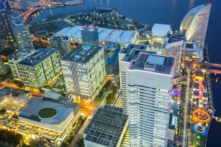 Aerial view of Yokohama city at dusk, Japanの写真素材