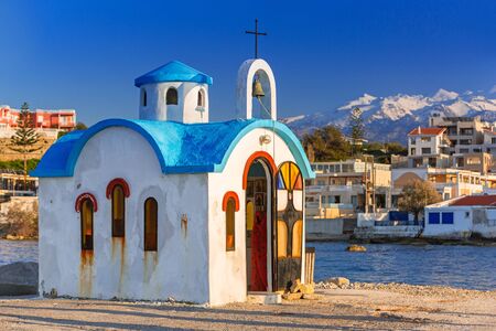 Beautiful chapel on the coast of Kato Galatas on Crete, Greeceの写真素材