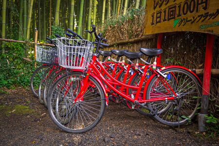 KYOTO, JAPAN - NOVEMBER 11, 2016: Bikes for rent in Arahiyama district of Kyoto, Japan. Arashiyama is a nationally designated Historic Site and Place of Scenic Beauty.のeditorial素材