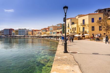 CHANIA, GREECE - APRIL 3, 2017 : Old Venetian harbour of Chania on Crete, Greece. Chania is the second largest city of Crete and the capital of the Chania regional unit.のeditorial素材