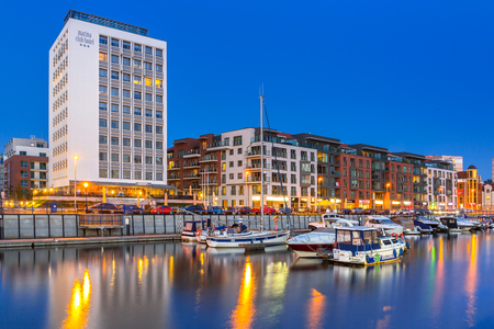 GDANSK, POLAND - AUGUST 13, 2017: Summer scenery of Motlawa river and marina in Gdansk at night, Poland. Gdansk is the historical capital of Polish Pomerania.のeditorial素材