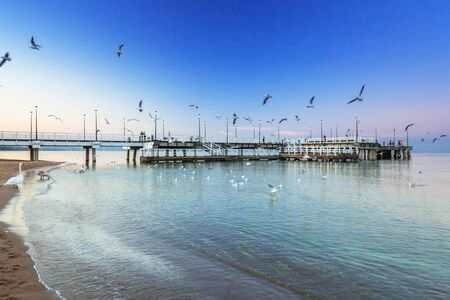 Pier in Gdansk Brzezno at Baltic Sea at dusk, Polandの写真素材