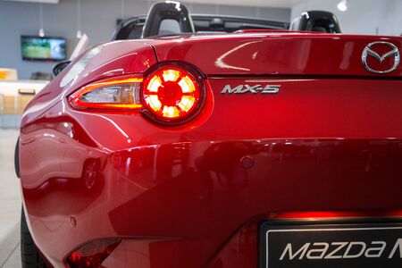 GDANSK, POLAND - FEBRUARY 13, 2018: Mazda MX-5 in the car showroom of Gdansk, Poland. Mazda MX-5 is a cabrio sport car manufactured in Japan by the Mazda Motor Corporation.のeditorial素材