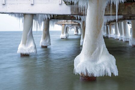 Frozen pier at Baltic Sea in Gdansk, Polandの写真素材