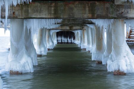Frozen pier at Baltic Sea in Gdansk, Polandの写真素材