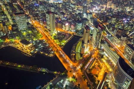 Yokohama, Japan - November 8, 2016 : Aerial view of of Minato Mirai 21 district in Yokohama at night, Japan. Yokohama is the second largest city in Japan by population and most populous municipality.のeditorial素材