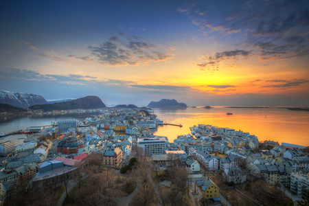 Beautiful Alesund town in Norway at sunsetの写真素材