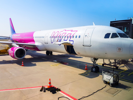 Gdansk, Poland - April 13, 2018: Wizz air plane on Lech Walesa Airport in Gdansk, Poland. Wizz air is a low-cost airline with largest fleet in Hungary who serves over 30 countries.のeditorial素材