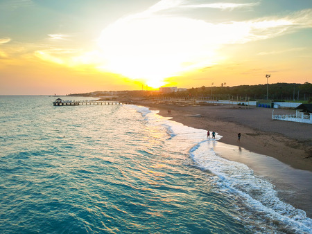 Aerial view of the beach near Side at sunset, Turkeyの写真素材