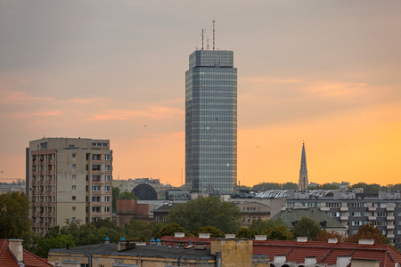 Aerial view of downtown business skyscrapers in Warsaw, Polandの写真素材
