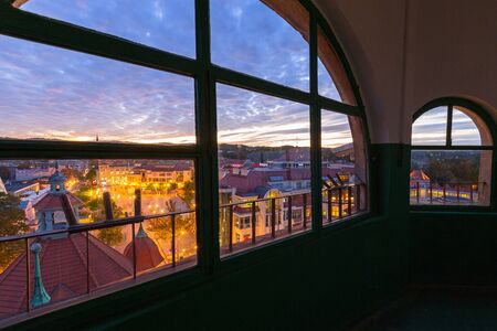 Sopot, Poland -  September 30,  2018: View from the lighthouse for the main square in Sopot city at sunset, Poland. Sopot is major health and tourist resort destination in Poland.のeditorial素材