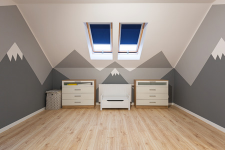 Kids bedroom with painted mountains on the wallの写真素材