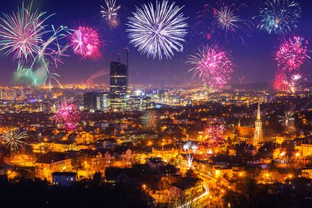 New Years fireworks display in Gdansk, Polandの写真素材