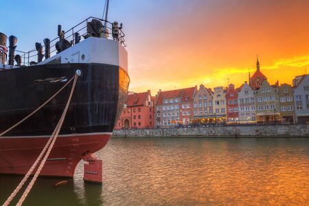 Old town of Gdansk over Motlawa river at sunset, Poland.の写真素材
