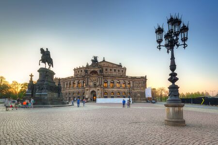 Semperoper Opera and  King John of Saxony monument at sunset, Dresden. Germanyの写真素材