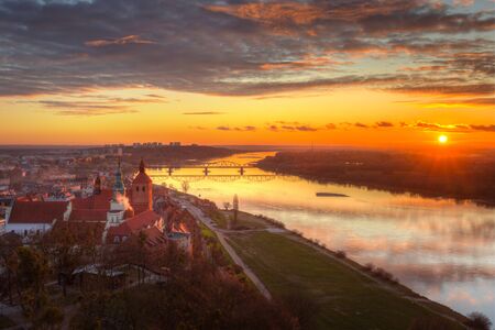 Old town of Grudziadz and the Vistula River at sunset. Kuyavian-Pomeranian Voivodeship, Poland.の写真素材