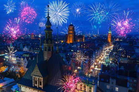 Fireworks display over the old town in Gdansk, Polandの写真素材