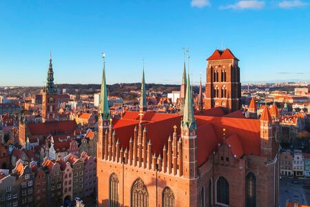 Aerial view of the St. Mary's Basilica in Gdansk at sunrise, Polandの写真素材